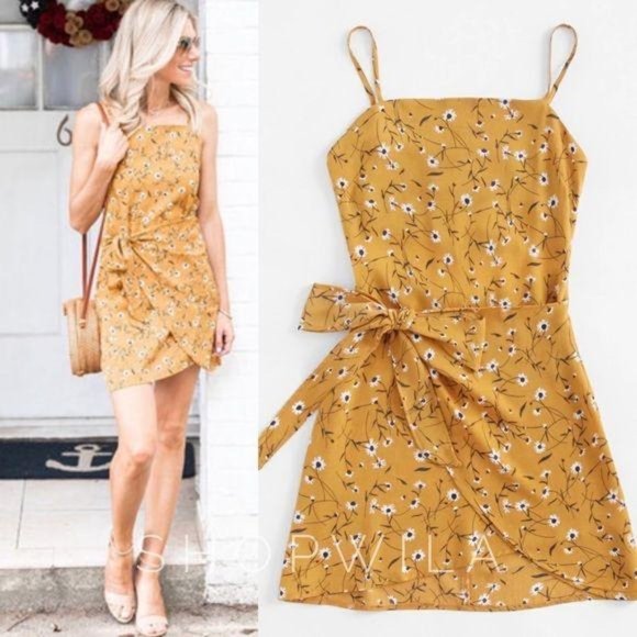 Dresses & Skirts - yellow floral open back dress waist tie